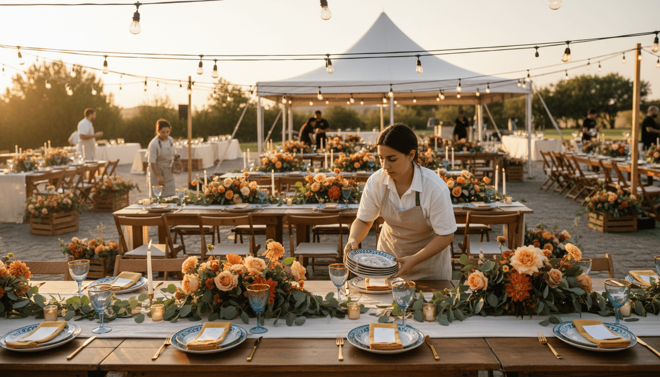 Event venue being decorated with tables, chairs, and floral arrangements for a celebration